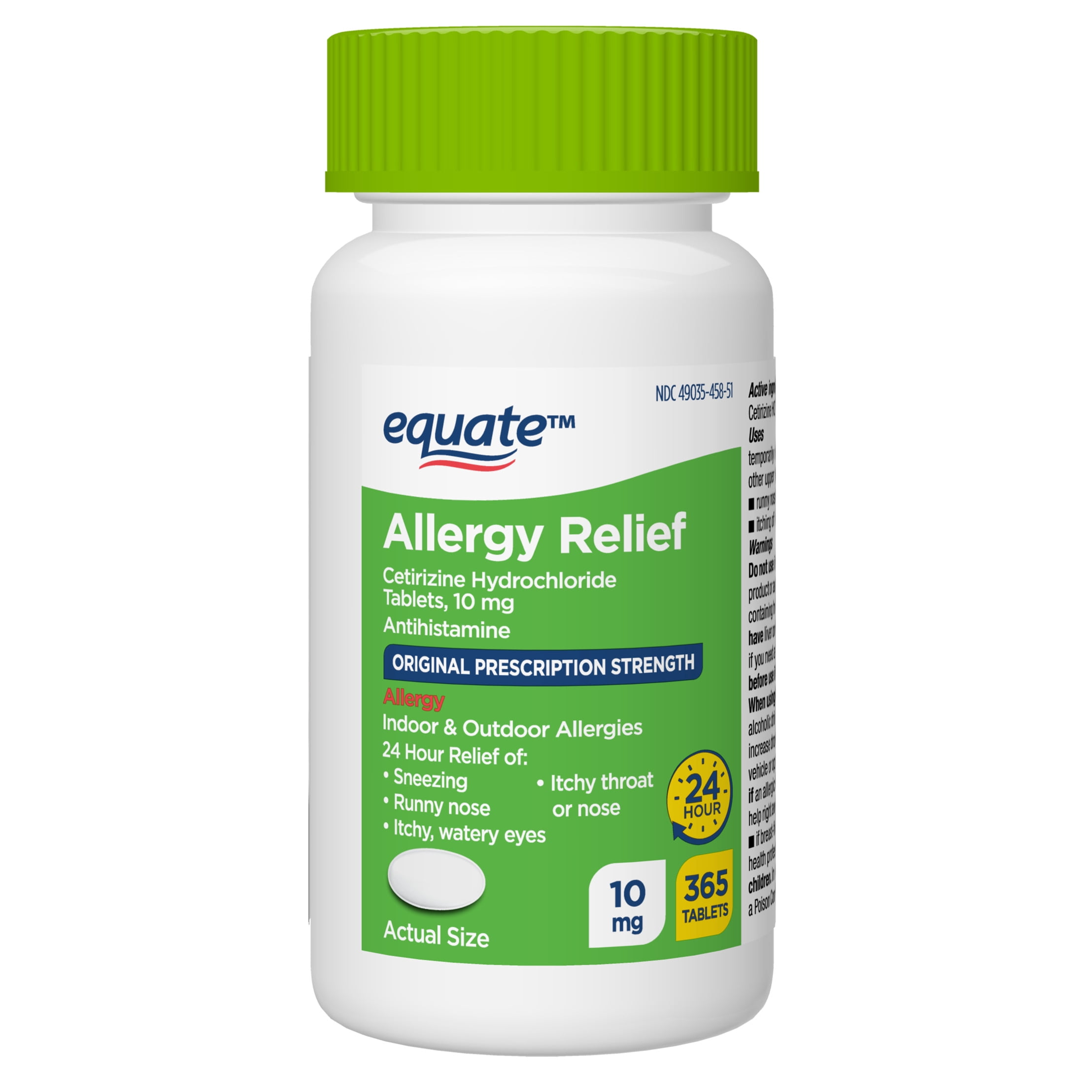 Equate 24 Hour Cetirizine Hydrochloride Allergy Relief Tablets, 10 mg, 365 Count