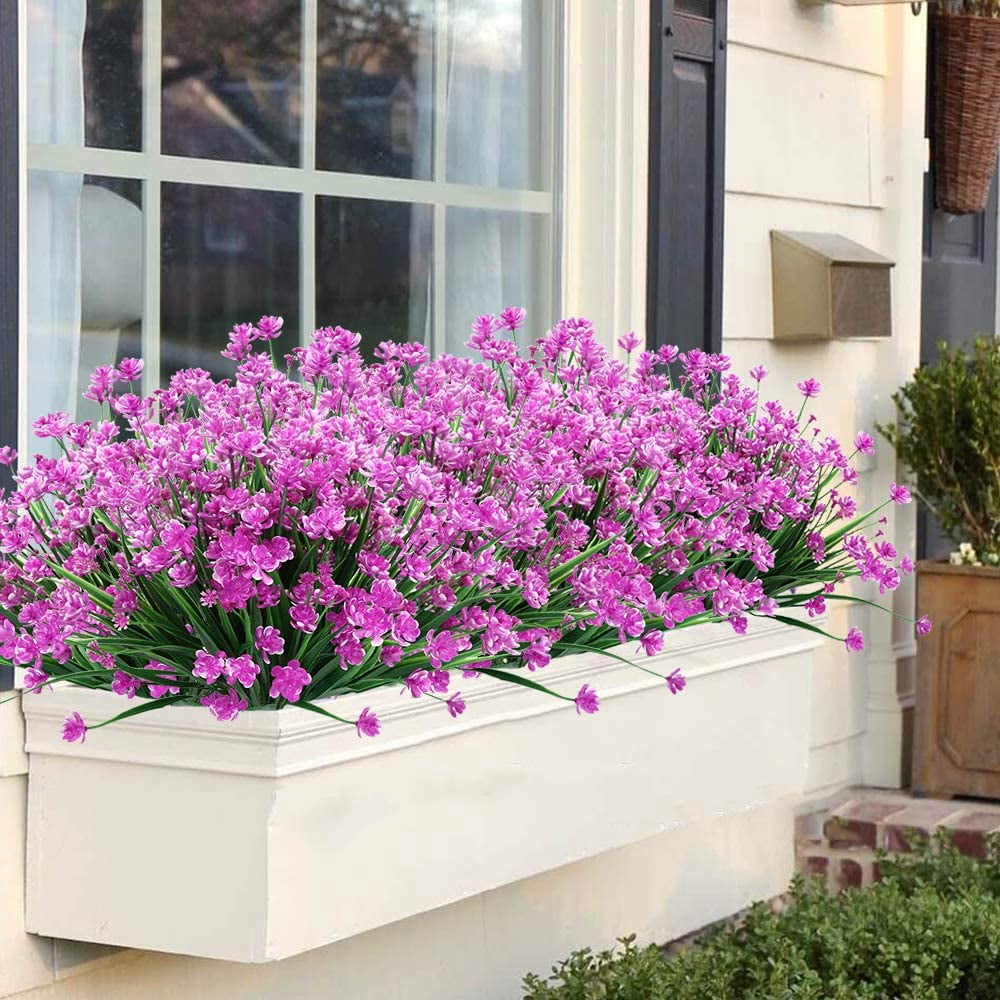 8 Bundles Outdoor Artificial Fake Flowers UV Resistant Shrubs Plants, Faux Plastic Greenery for Indoor Outside Hanging Plants Garden Porch Window Box Home Wedding Farmhouse Decor (Orange Red)