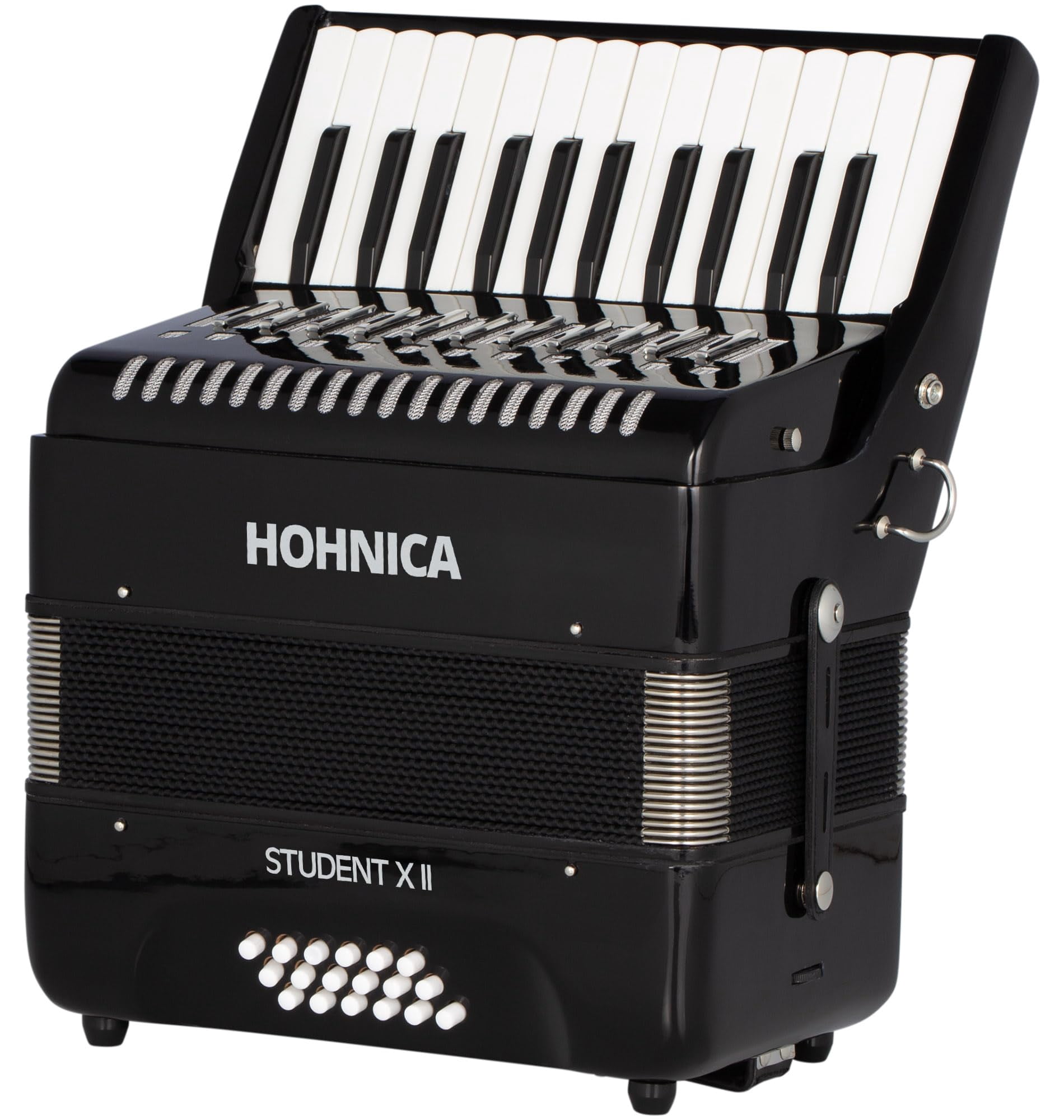 Hohner Hohnica Student XII 44-Key 18 Bass Piano Accordion - Black Bundle with Gig Bag, Adjustable Stand, and Austin Bazaar Polishing Cloth