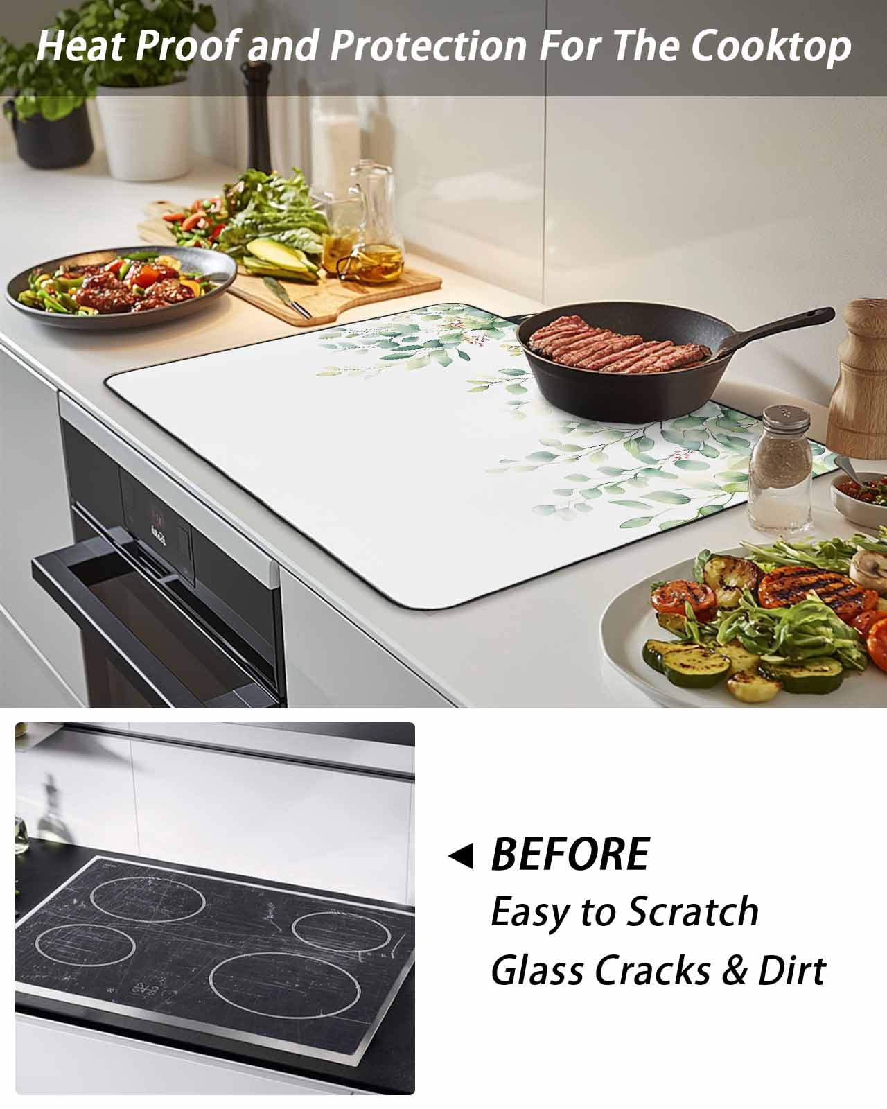 Stove Top Covers for Electric Stove, Eucalyptus Leaves Glass Stovetop Cover Protector, Summer Botanical Spring Green Induction Cooktop Protector Oven Mat for Kitchen Countertop 24"x21"