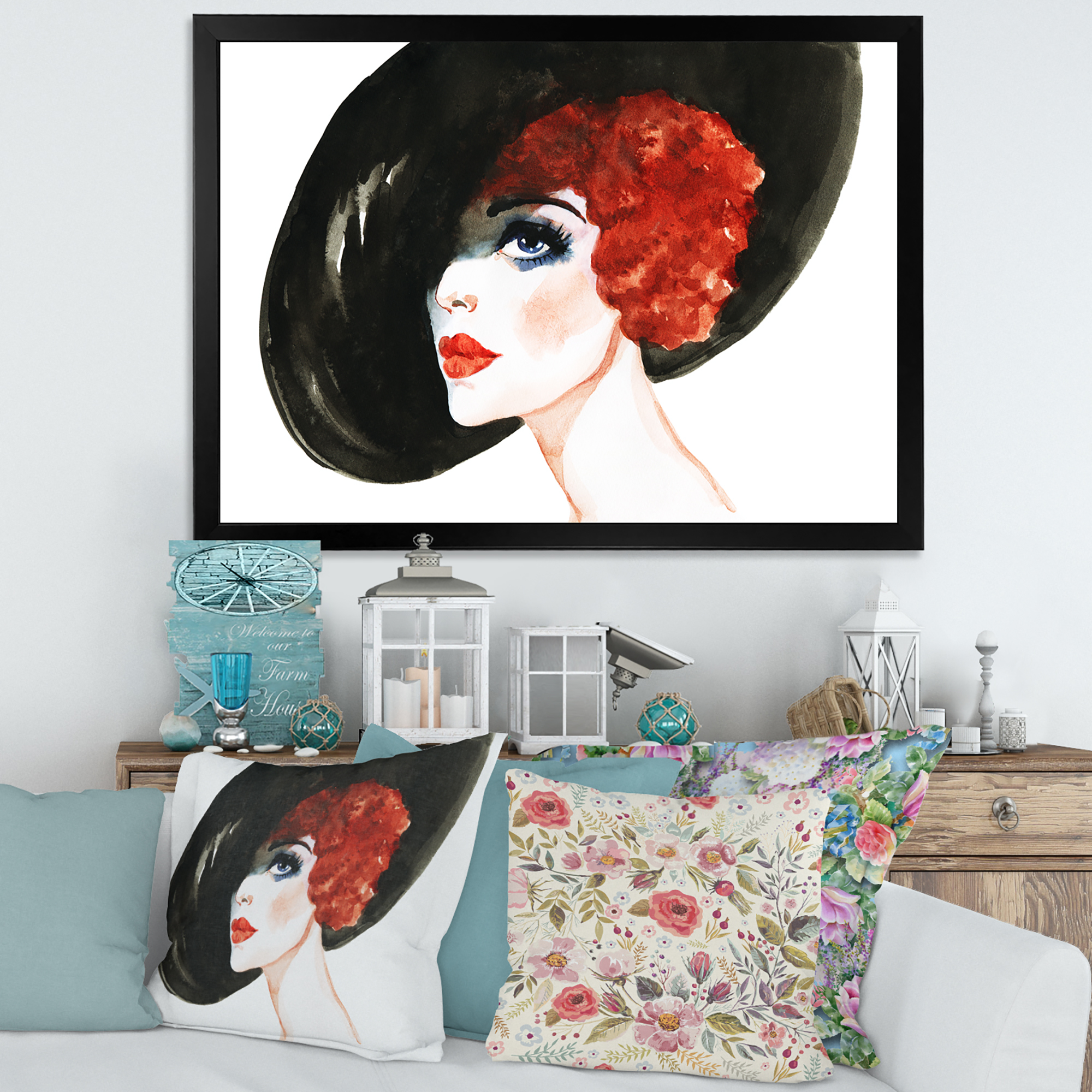 Designart 'Portrait of Woman Red Head Lady In Hat' Modern Framed Art Print