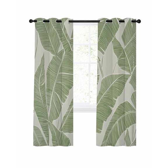 Green Palm Leaf Blackout Curtains 63 Inches Long for Bedroom, Tropical Botanical Summer Thermal Insulated Room Darkening Black Out Window Curtain Panels Grommet Drapes for Living Room