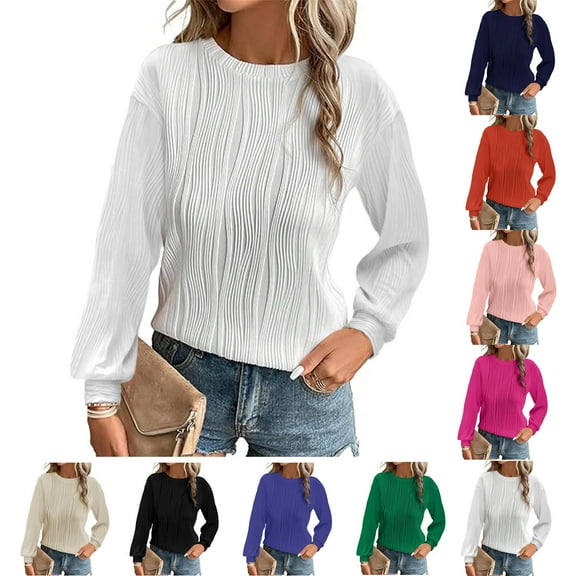 FRSASU Sweatshirt for Women fashionable and comfortable Casual Crewneck Long Sleeve Solid knitted Pullover Sweatshirts Tops White