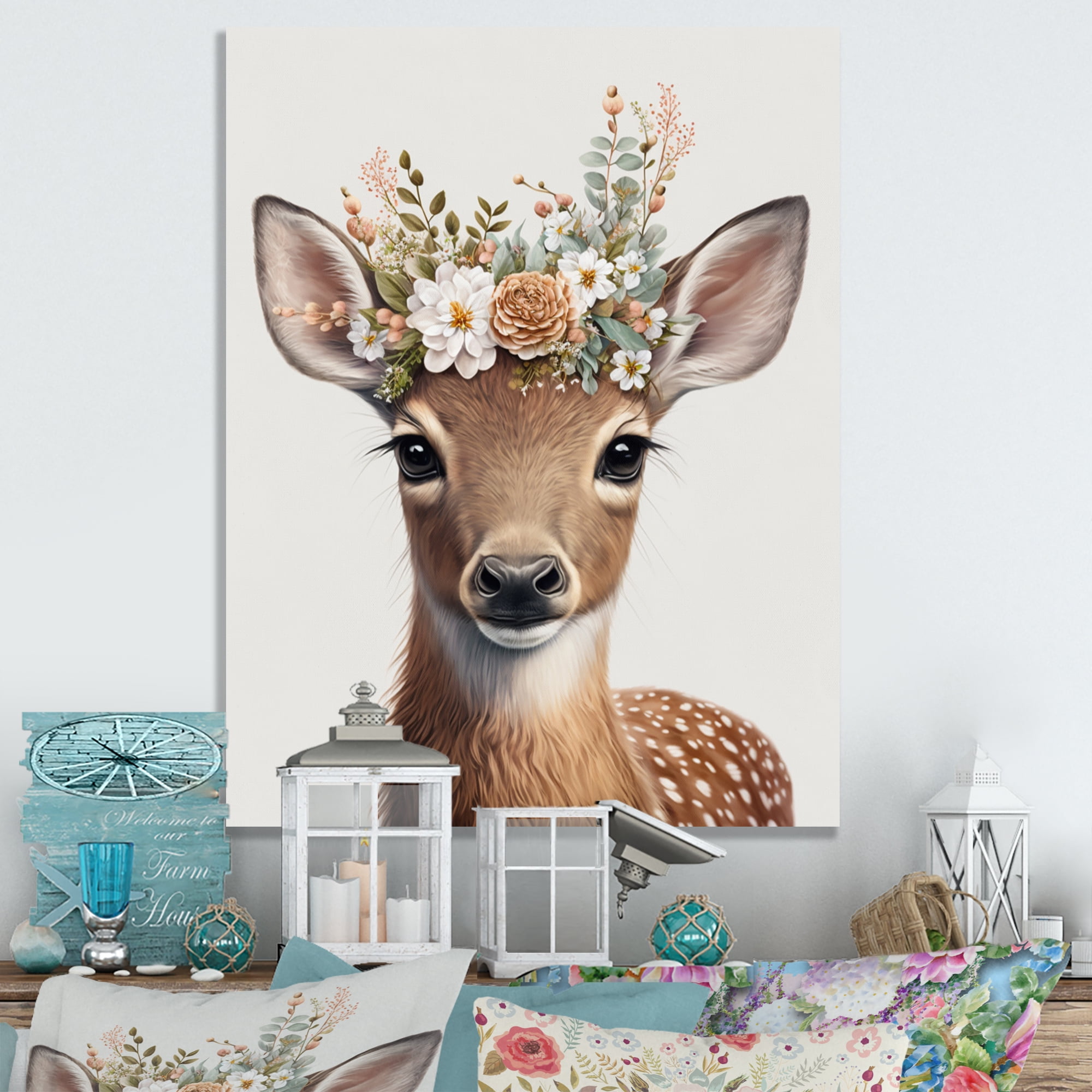 Designart Cute Baby Deer With Floral Crown I Canvas Wall Art