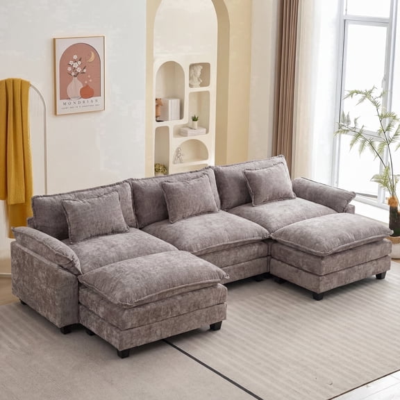 IPKIG 5-Seat Sectional Sofa Sleeper with 2 Ottomans, Modern Light Gray Chenille Cloud Couch for Living Room, Deep Seating and Included Pillows