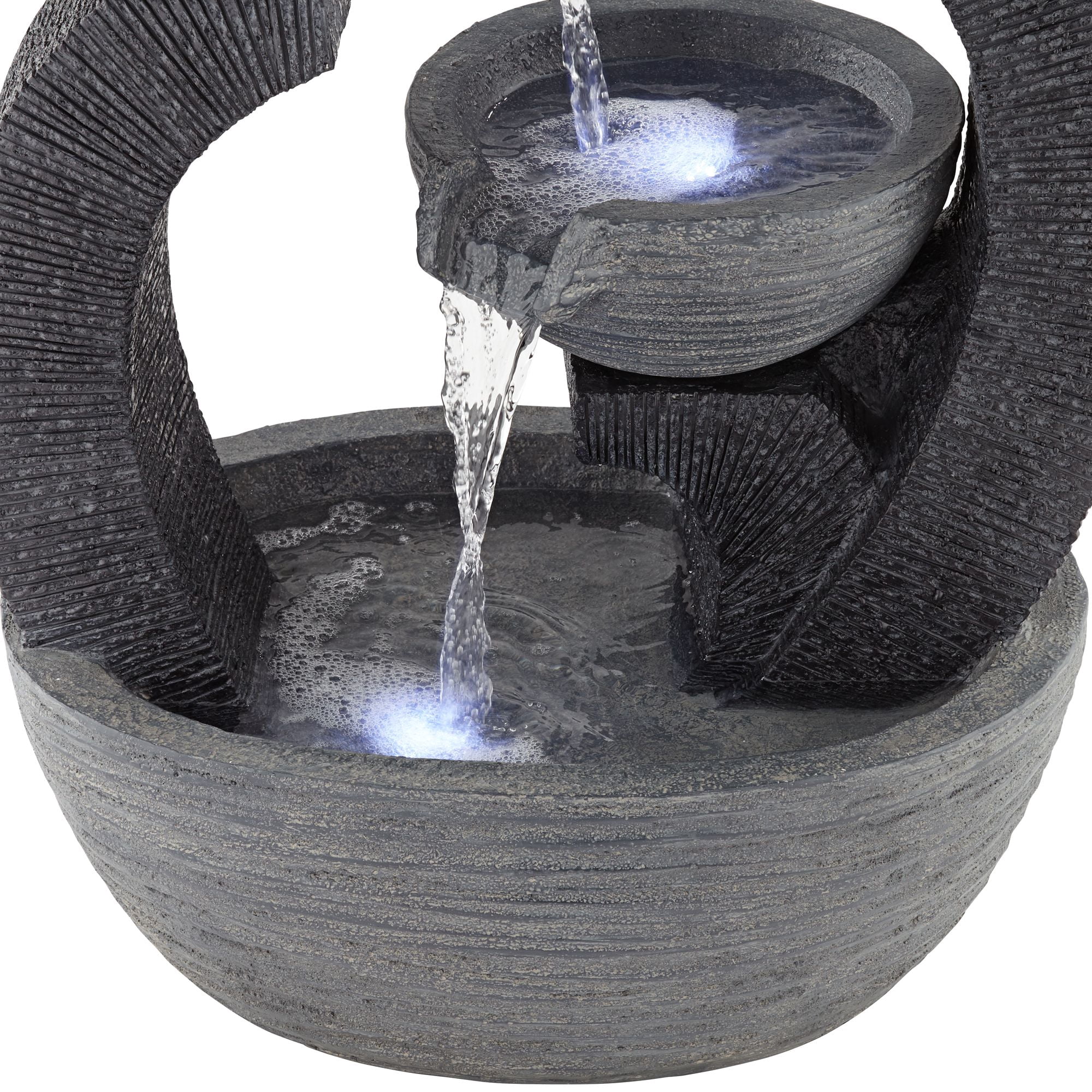 Three Cup 31 1/2" High Large Modern Indoor Outdoor Decor Gray Faux Stone Floor Fountain w/ Light LED Cascading