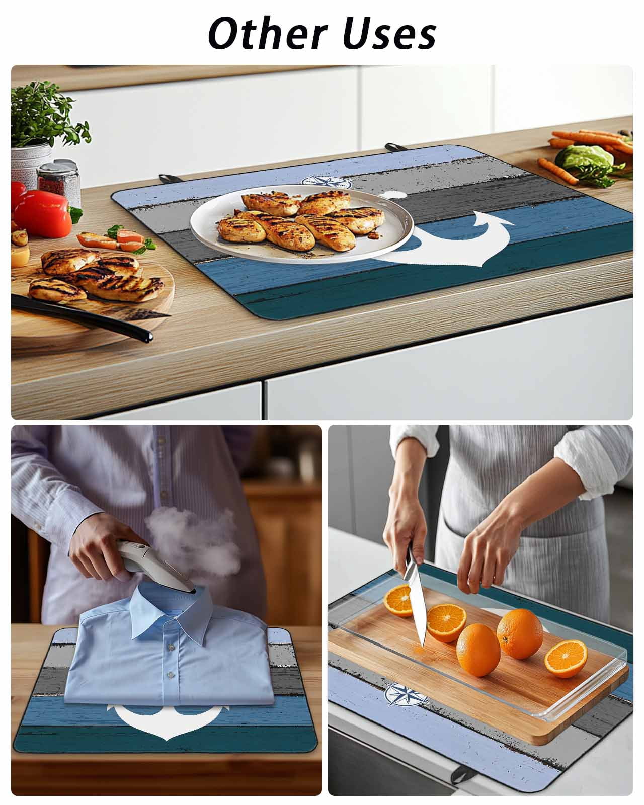 Stove Top Covers for Electric Stove, Blue Nautical Anchor Glass Stovetop Cover Protector, Rustic Distressed Wood Grain Induction Cooktop Protector Oven Mat for Kitchen Countertop 28.5"x20.5"