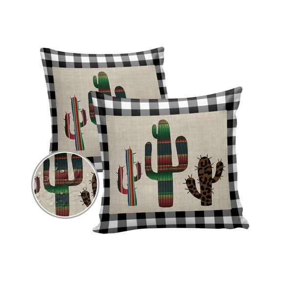 Pack of 2 Outdoor Pillow Covers, Mexico Cactus Black and White Plaid Waterproof Square Throw Pillowcase Cushion Decorative Pillow Covers for Couch Patio Tent, 16x16 in