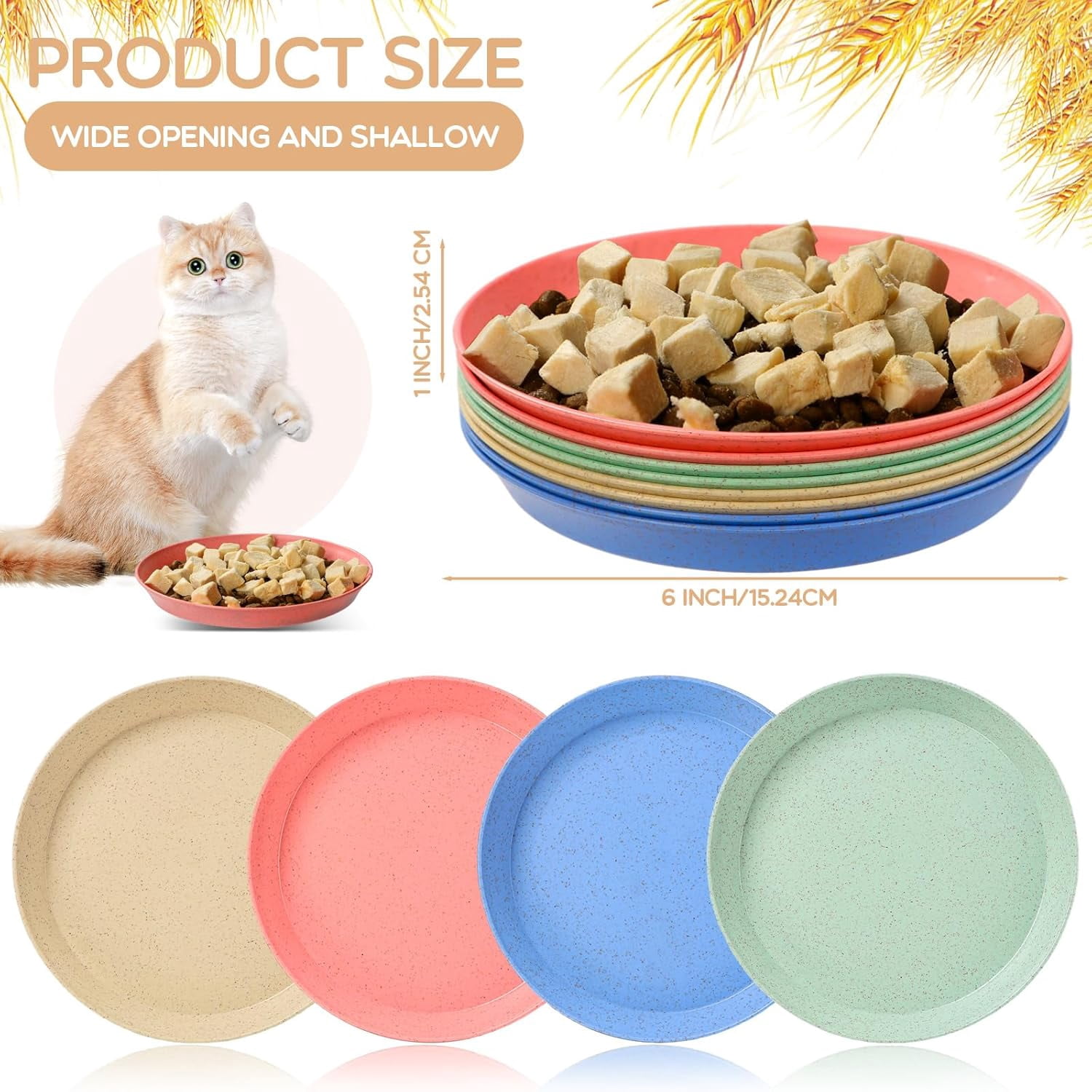 8 Pcs Whisker Fatigue Cat Bowls, 6 Inch Shallow Cat Food Dish Wide Cat Feeding Bowls, Wheat Straw Pet Plate for Kittens and Short Legged Cat