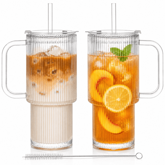 26 oz Ribbed Glass Tumblers with Handle, Lids and Glass Straws, 2 Pack Large Iced Coffee Cups, Clear Glass Tumbler Set for Smoothies, Tea, Juice, Cold & Hot Drinks