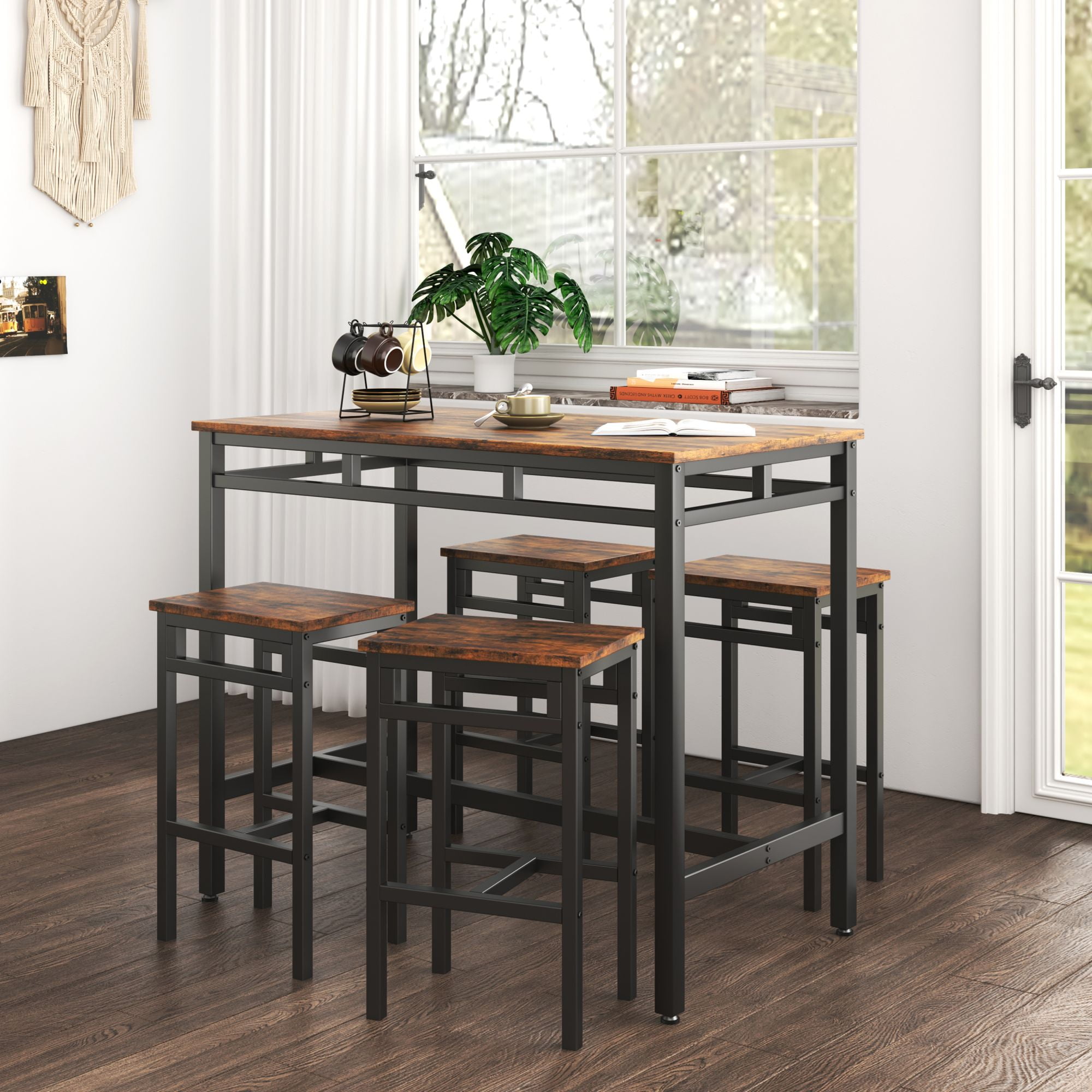 Aukfa 5-Piece Counter Height Dining Set, Bistro Pub Table Set with 4 Stools for Small Space, Rustic Brown