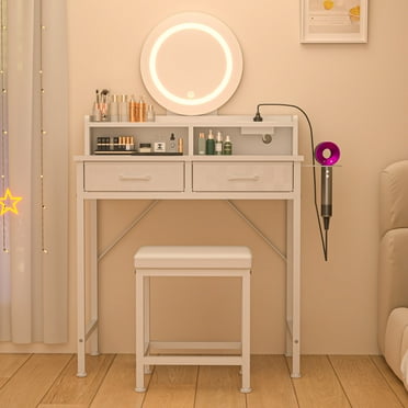 Eunon Vanity Desk with Mirror,USB Port & Stool,3 Color Modes & Adjustable Brightness, White