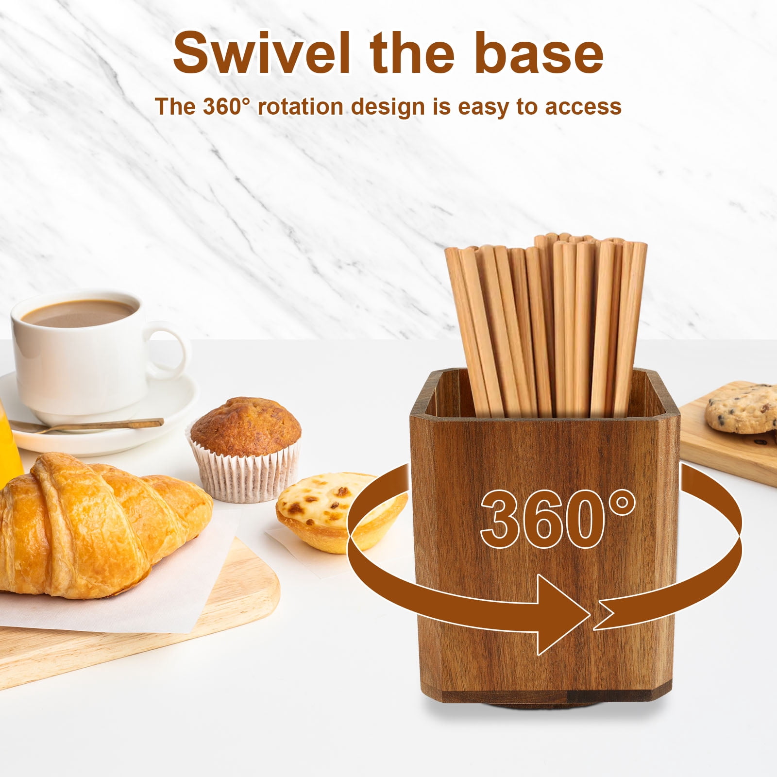 2Pcs Wood Utensil Holder 360° Rotating Acacia Utensil Crock Multipurpose Cooking Spoon Spatula Organizer Kitchen Tool Storage for Countertop