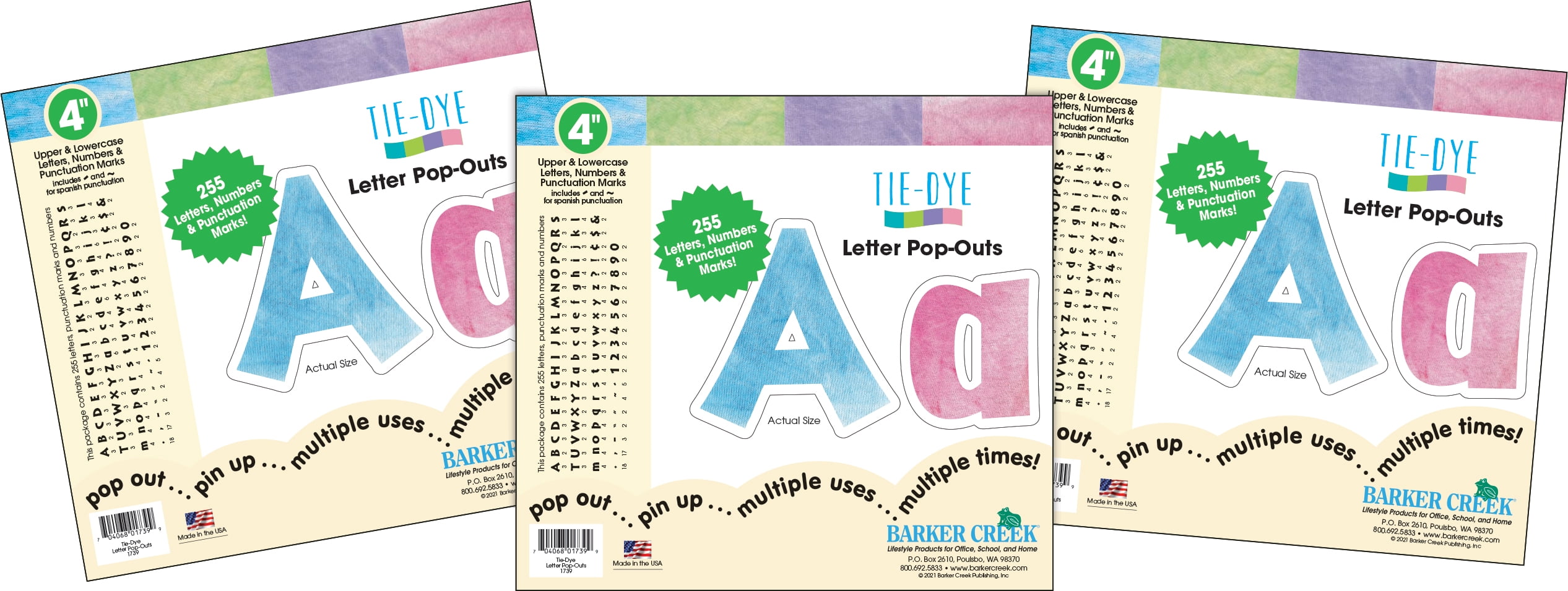 Barker Creek 4" Letter Pop-Outs 3-Pack, Tie-Dye, 765 Upper and Lowercase Letters, Numbers & Punctuation Marks, 4" (4350)