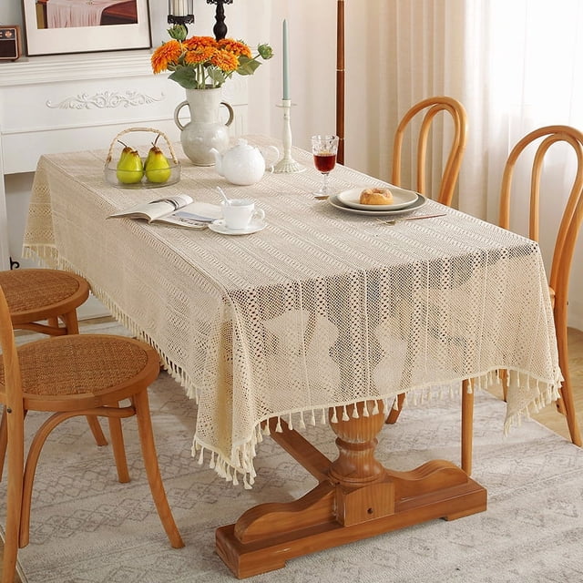 Mantel vintage de punto pastoral con hilo de crochet, mantel con borlas, mantel de encaje artístico para mesa de té, mantel, toalla
