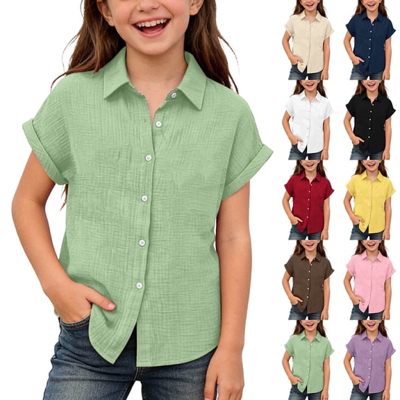 Dwellite School Uniforms for Girls Cotton Linen Button Down Shirts Summer Short Sleeve Dress Shirts 3-13 Years Navy 150