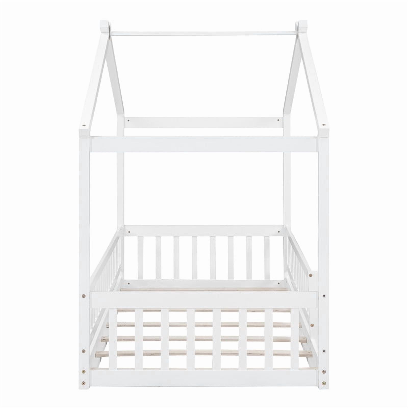 Twin Size Wood House Bed Floor Bed with Fence and Guardrails, Kids Playhouse Bed Toddler Bed Montessori Bed for Kids Boys Girls, No Box Spring Needed