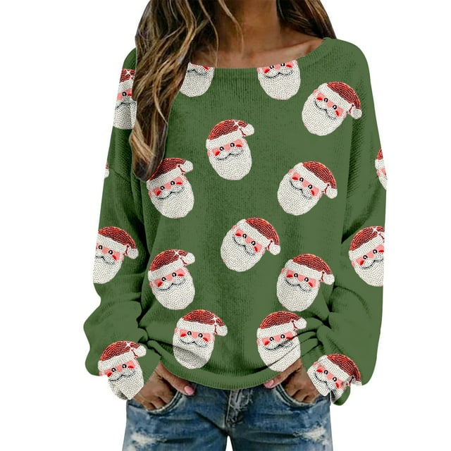 Hauts, T-Shirts et Chemisiers pour Femmes Décontractés à Imprimé de Noël, T-Shirt à Col Rond, Chemise à Manches Longues, Chemisiers Grande Taille pour Femmes, Vert, m