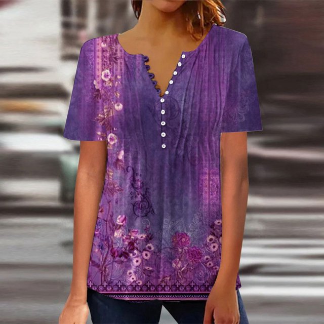 ICHUANYI Clearance Women Fashion Summer Sexy Fold Printed Regular Women Short Sleeves V Neck Button Top(Purple, XL) ICHUANYI WER2023081201186