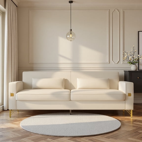 FX-P18-BE(SOFA)Modern Beige Sofa Couch for Living Room, 85.83" Upholstered 3-Seater Sofa with Metal Legs & Pillows, Minimalist Style