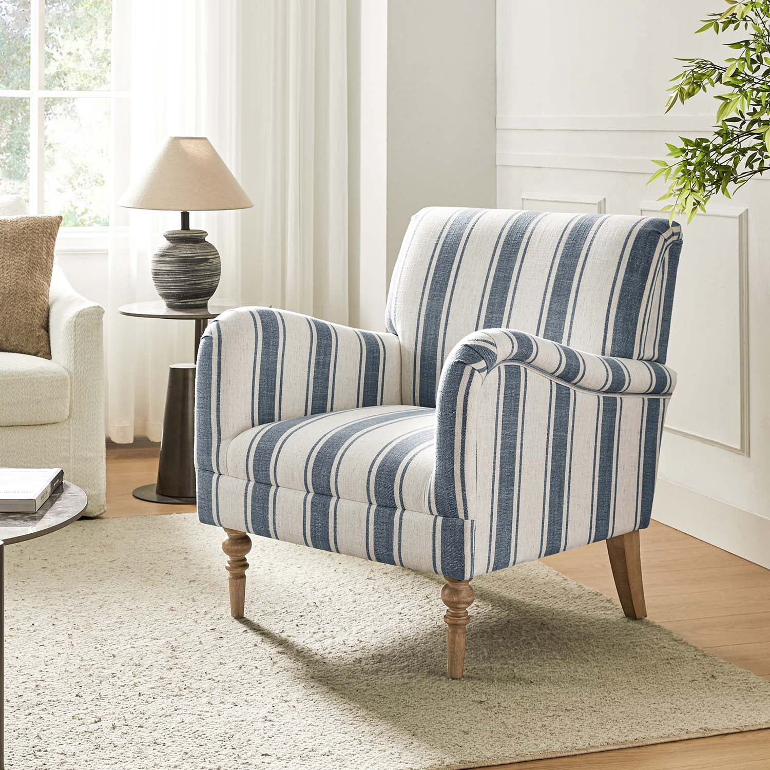 Stripe Armchair Upholstered Wooden Legs Accent Chair for Living Room Bedroom Adults Navy Stripe