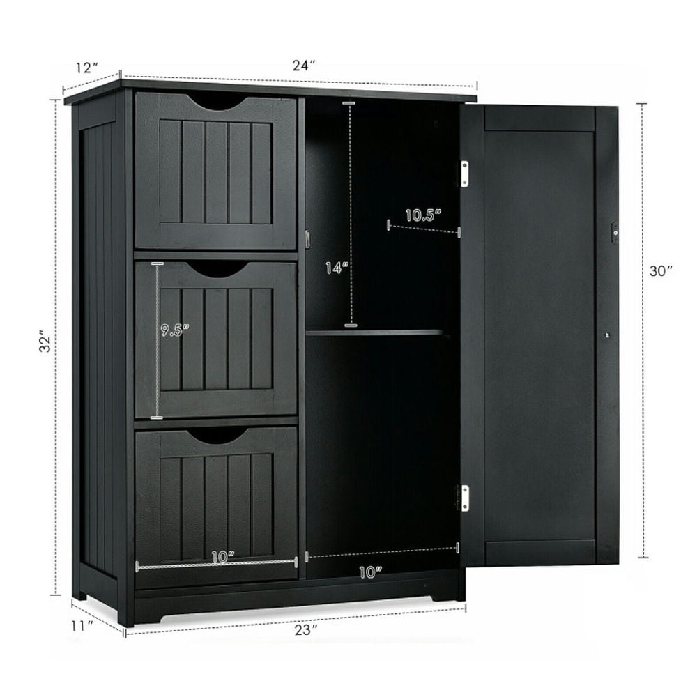 Finihen Storage Cabinet, Floor Cabinet, Bathroom Floor Cabinet Side Storage Cabinet with 3 Drawers and 1 Cupboard, for Bathroom, Living Room, Bedroom, Kitchen, Black