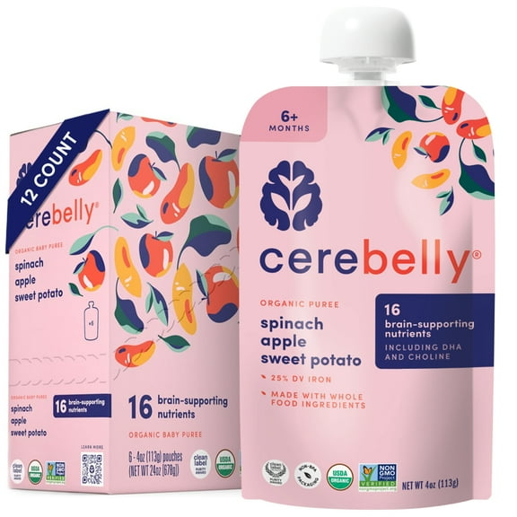 (1 pack) Cerebelly Organic Stage 2 Spinach Apple Sweet Potato Baby Food, 4 oz Puree