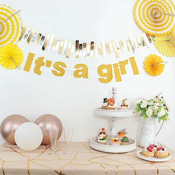 BalsaCircle 3 feet Gold Glittered It's A Girl Paper Gender Reveal Hanging Party Garland Events Decorations