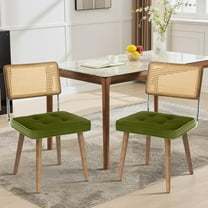 Rattan Dining Chairs Set of 2, Kitchen Chairs with Woven Cane Back & Wooden Legs, Velvet Upholstered Armless Dining Room Seat for Kitchen, Restaurant, Green