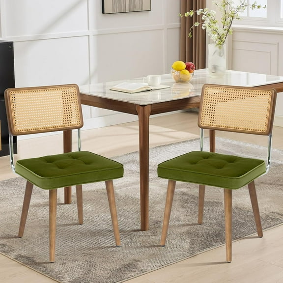 Natural Rattan Dining Chairs Set of 2, Velvet Upholstered Kitchen Chairs with Tall Cane Backrest and Strong Wood Legs for Dining Room, Kitchen, Restaurant, Green
