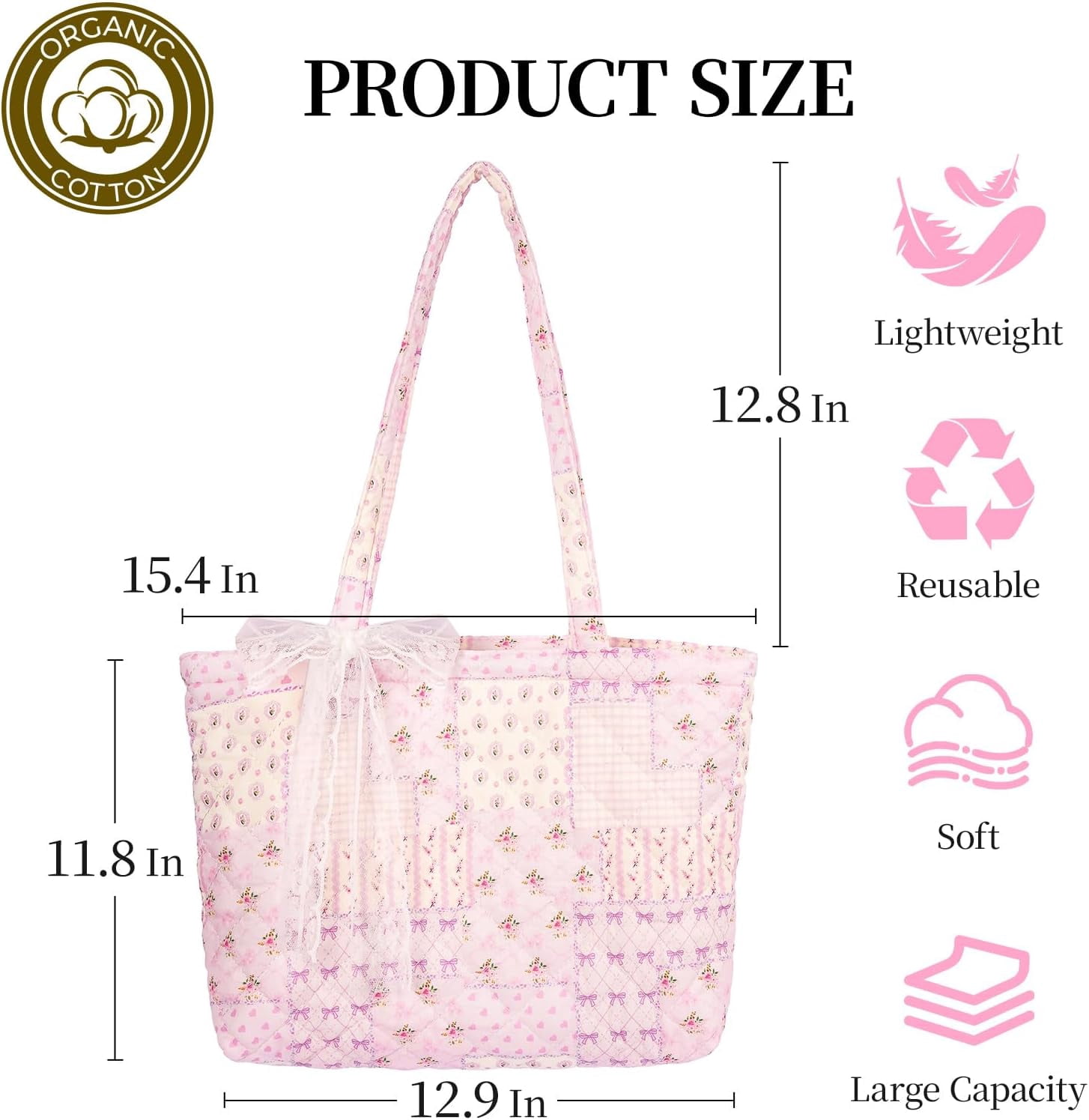 Quilted Small Tote Bag for Women, Lightweight Floral  Bag,Soft College Travel Work Bag Everyday Purse