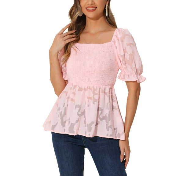 INSPIRE CHIC Women's Smocked Square Neck Ruffle Short Sleeve Peplum Blouse XS Light Pink