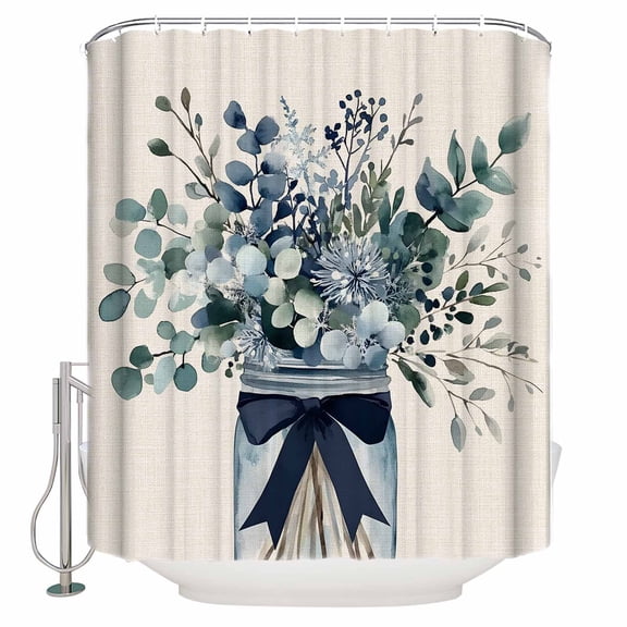 Blue Eucalyptus Shower Curtain, 60" x 72", Leaves Bottle Ribbon Farmhouse Linen Texture Waterproof Bathroom Curtain Washable Shower Curtain Set with 12 Hooks