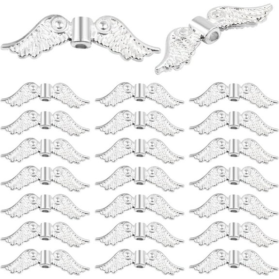 60pcs Tibetan Style Angel Wing Spacer Beads Alloy Small Hole Wing Loose Spacer Charm Beads Accessories for DIY Bracelet Necklace Earrings Jewelry Making, Bright Silver