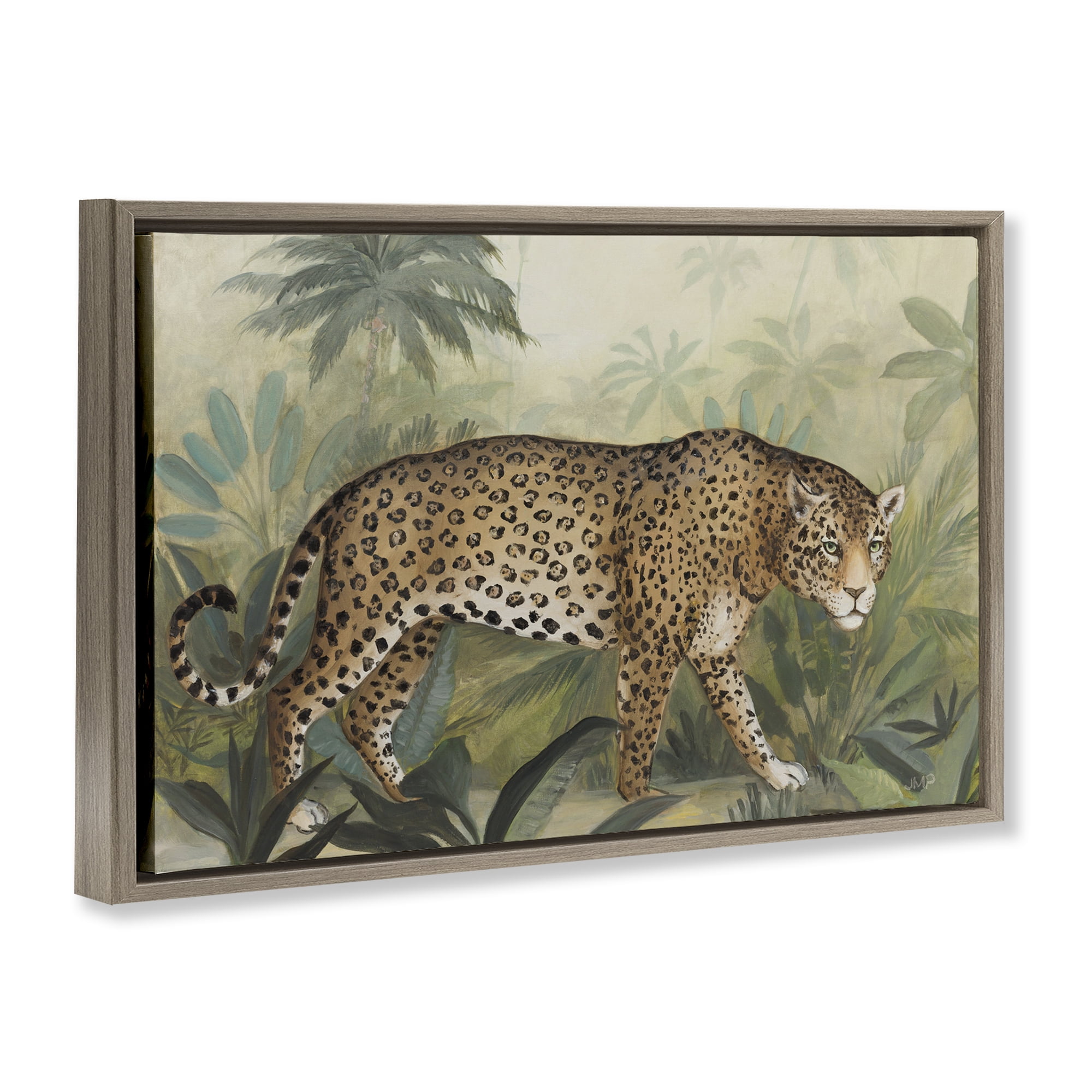 Stupell Industries Prowling Leopard in Forest Landscape Painting Brown Floater Framed Canvas Art Print Wall Art, 25 x 17