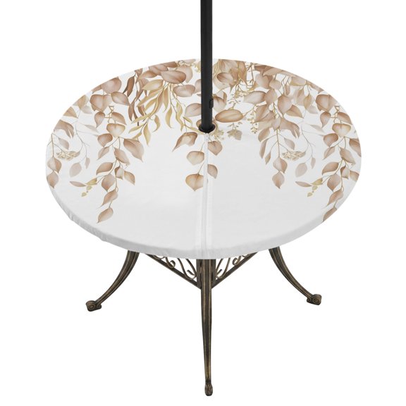 Round Outdoor Tablecloth with Umbrella Hole and Zipper, Eucalyptus Leaves Tablecloth with Elastic Waterproof, Khaki Summer Botanical Weeping Patio Table Covers for 55" - 60" Picnic Pool Tables