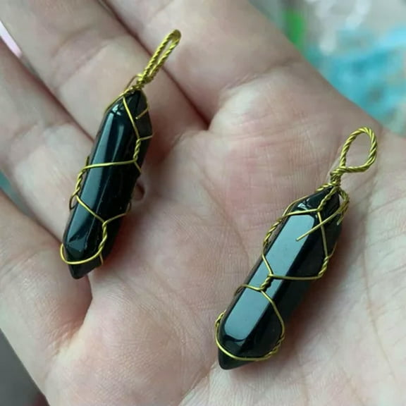 HOOUN 7 Chakra Pendant Wire Wrapped Gemstone Stone Crystal Quartz Point Hexagonal-Obsidian-Gold