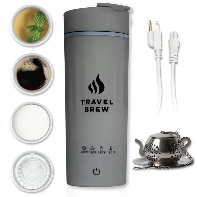 TRAVEL BREW Portable Travel Kettle with Tea Infuser- Mini Electric Kettle with 4 Temperature Settings, with Auto Shut-Off & Boil Dry Protection (Gray