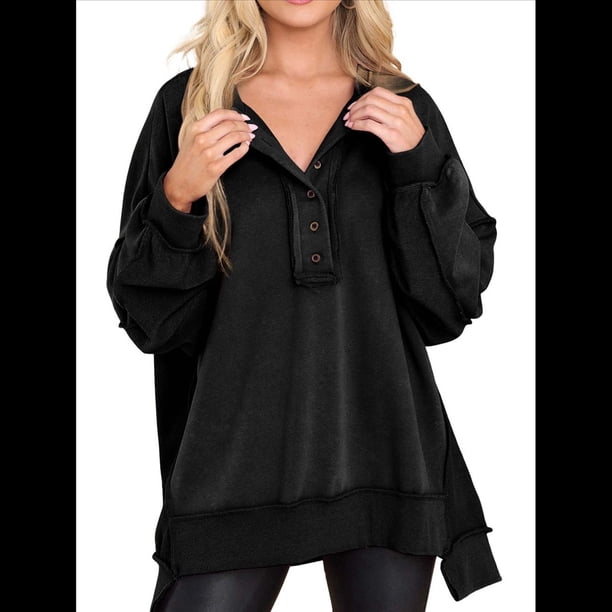 Sudadera para Mujer, Estilo Informal, de Larga, con Botones y Cuello Henley, Estilo Túnica, para Otoño. Negro XXL