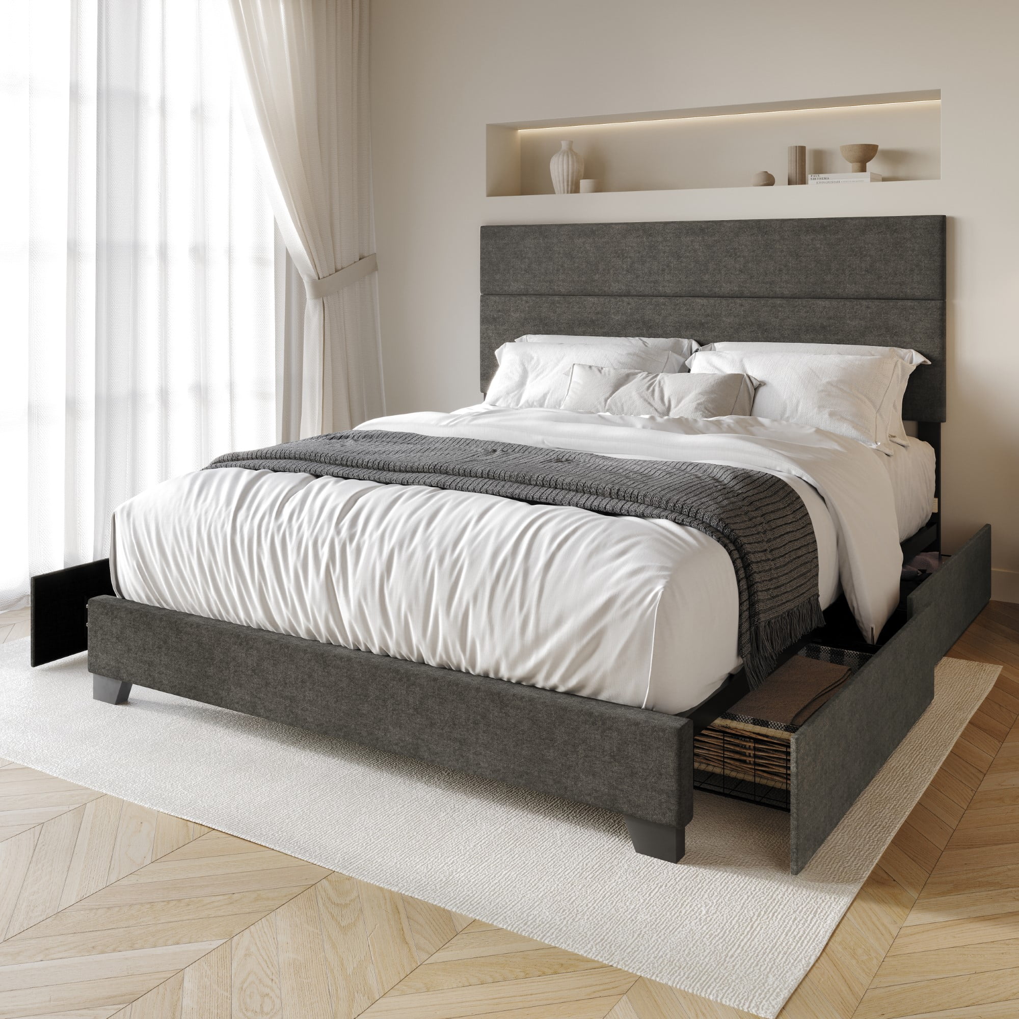 Home Design Kapaa Queen Upholstered Storage Platform Bed Frame with Horizontal Channel-Tufting and Side Drawers, Gray, Easy Assembly