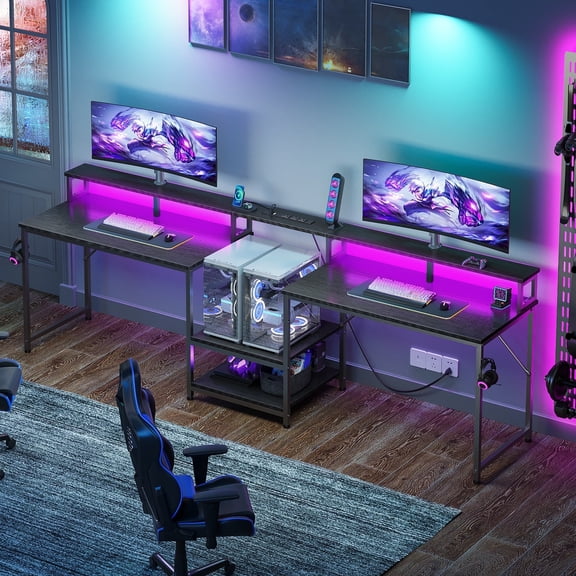 Casacomoda 98" Computer Desk with USB Ports & Power Outlets, Large Gaming Desk with Display Stand & LED Strip, Storage Shelves for Home Office, Suitable for 2 People Use, Black