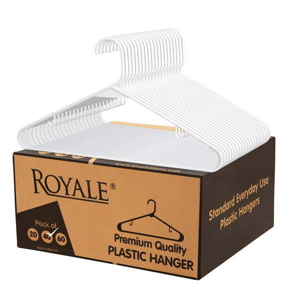 Royale Plastic Hangers 40 Pack - White Plastic Hangers - Clothes Hanger With Hooks – Heavy Duty Space Saving Coat Hangers Ideal For Everyday Use For Tops, Skirt, Dress, Shirts, Pants (40 Pack, White)