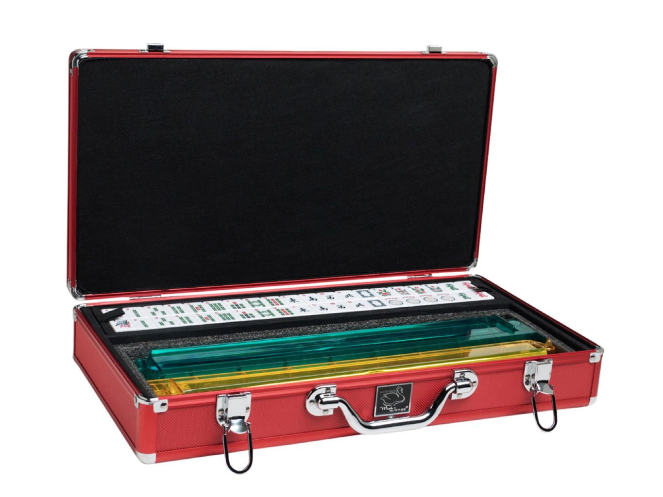 White Swan American Mahjong Set in Luggage-Style Red Case - White Tiles - Modern Pushers