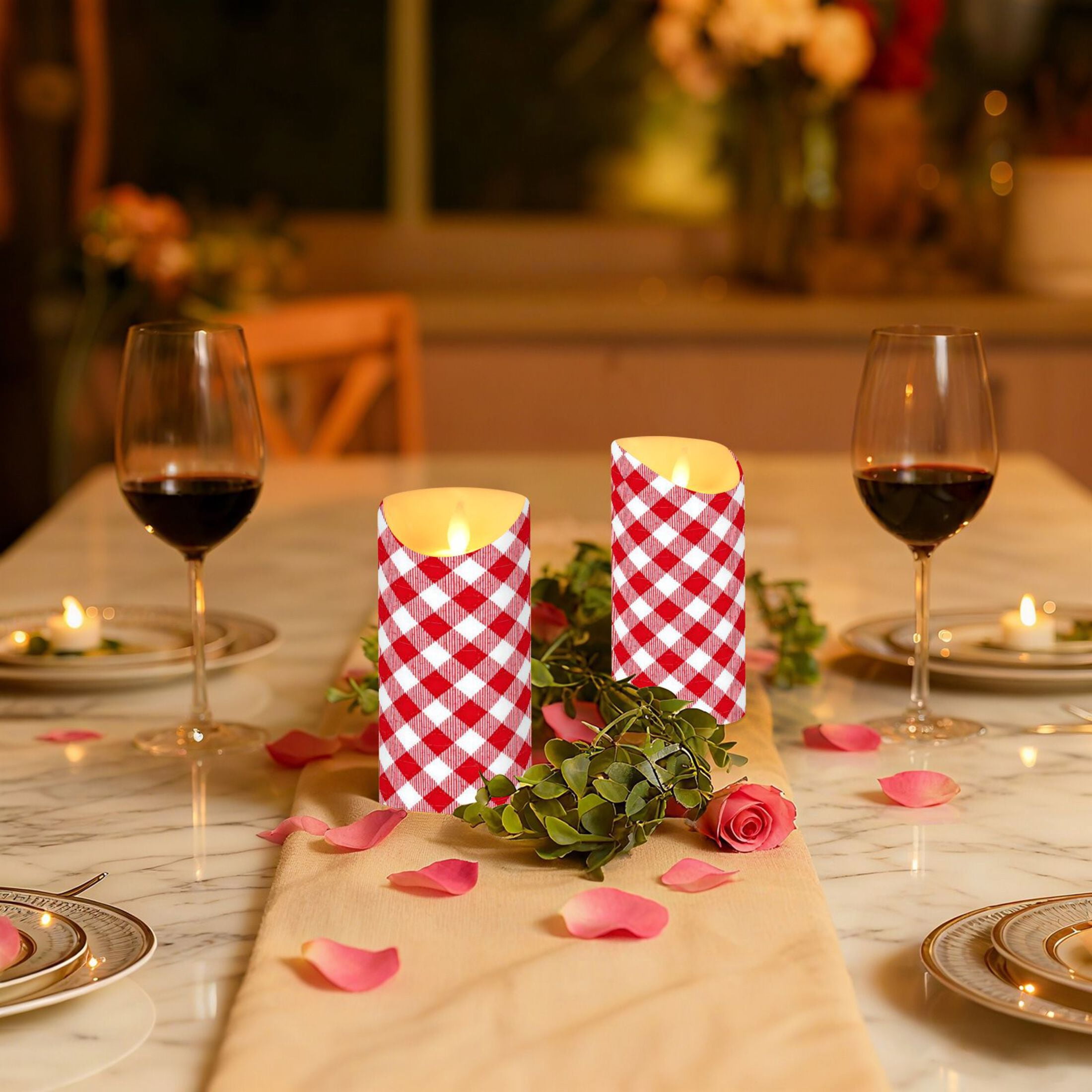 Iauyy Flameless Candles Battery Operated LED Pillar Candles with Remote and Timer, Red and White Checkered Pattern Set of 2 （M)