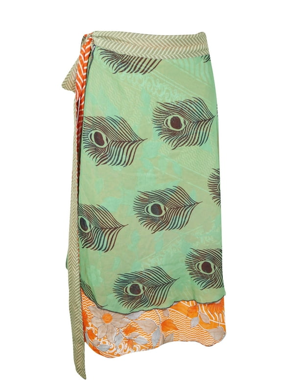 Mogul Vintage Sari Silk Short Skirt Mint Green Peacock Print skirt One Size