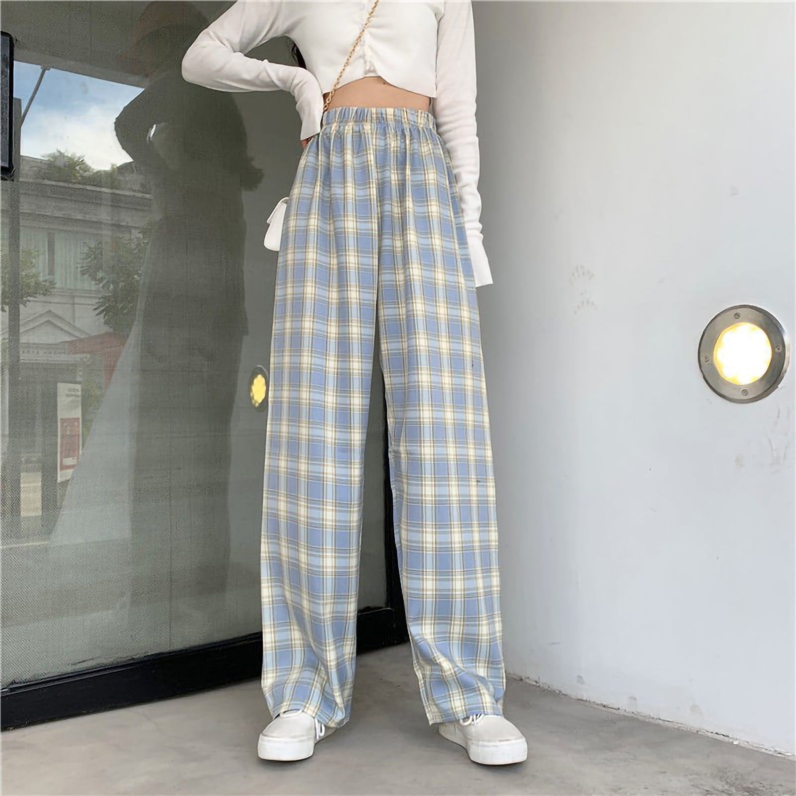 High waisted blue plaid pants sale