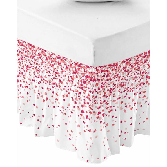 Pink Valentine's Day Bed Skirt Cal King 18 Inch Drop, Wrap Around Bed Skirts, Lover Heart Modern Art Romantic Elastic Bedskirt Pleated Bed Frame Cover Luxurious Dust Ruffle for Cal King Bed