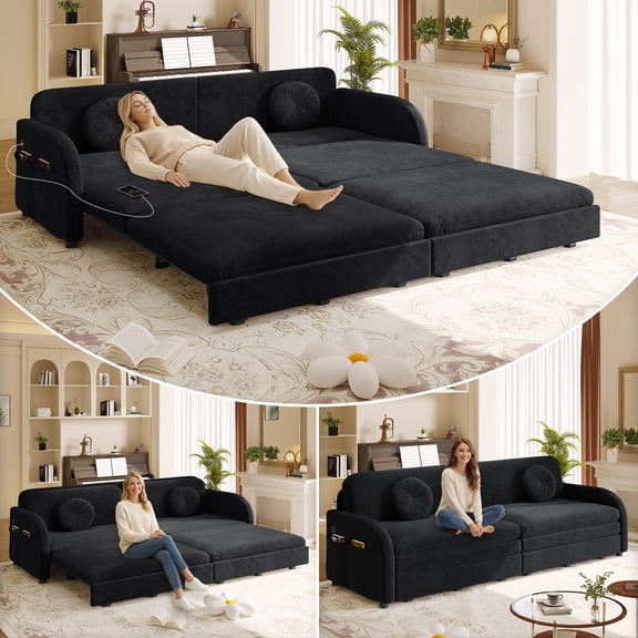 LLappuil King Size Pull Out Sofa Bed, Compact Loveseat Sofa Covertible Sofa Bed with USB Port, Side Pocket , Chenille Sofa Couch for Living Room Black