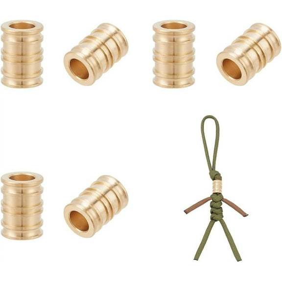 1 Set 6 Pcs Brass Paracord Bead Groove Column Lanyard Beads 6mm Large Hole European Beads Metal Loose Spacer Beads for Jewelry EDC String Pendant Parachute String Tool Golden
