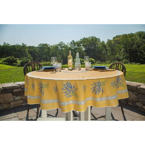 Bilot Wipe-Clean French Tablecloth in Valensole Lavender, Yellow | Authentic French -Coated 100% Cotton Fabric | Easy Care, Spill Proof [70" Round]